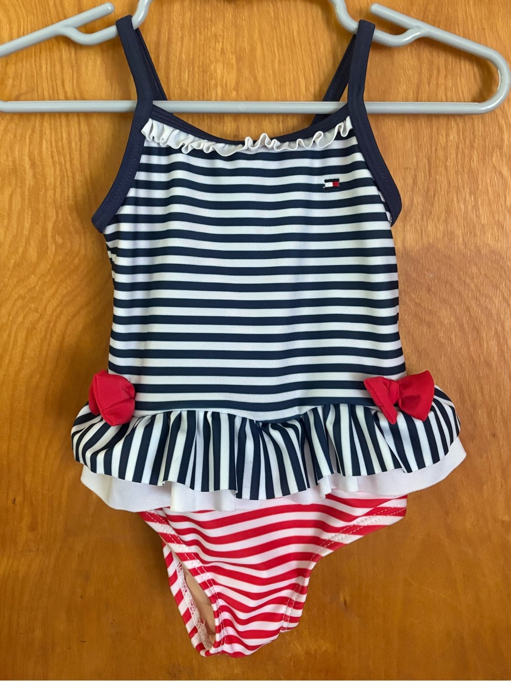 Tommy Hilfiger Baby Girls' Red, White, & Blue Striped Ruffle Swimsuit, 3-6 month
